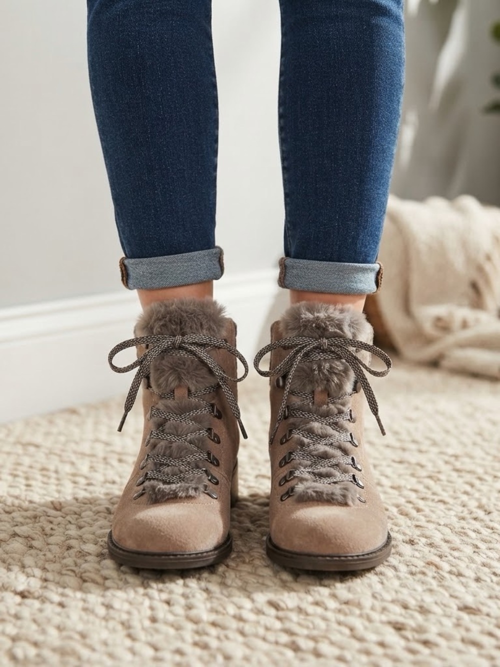 Sam Edelman Beige Suede Ankle Bootie Lace-Up Faux Fur Plaid Lined Womens 6.5